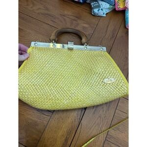 Gabriella Italy Straw Woven Handbag Bamboo Handle Vintage Kiss Lock Yellow